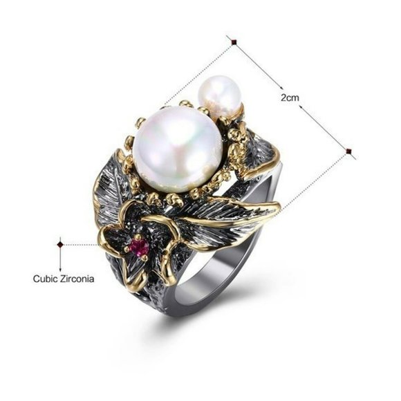 Artistic Round White Pearl Bohemia Black Leaf Flower Ring - Picture 10 of 11